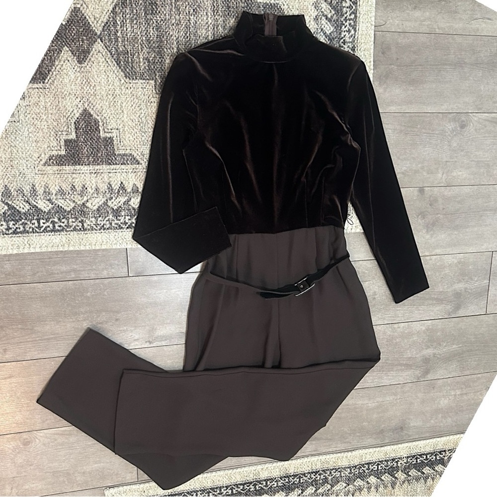 Vintage 90s Brown Velvet Jumpsuit & Belt Long Sleeve Shoulder Pads Petite Women
